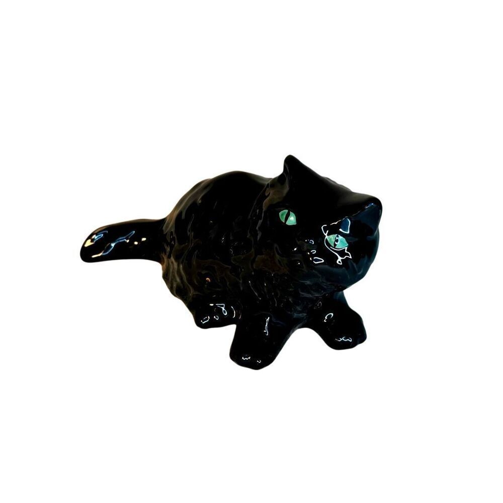 Vintage Glossy Black Cat with Green Eyes Ceramic Figurine Unmarked - Picture 2 of 7